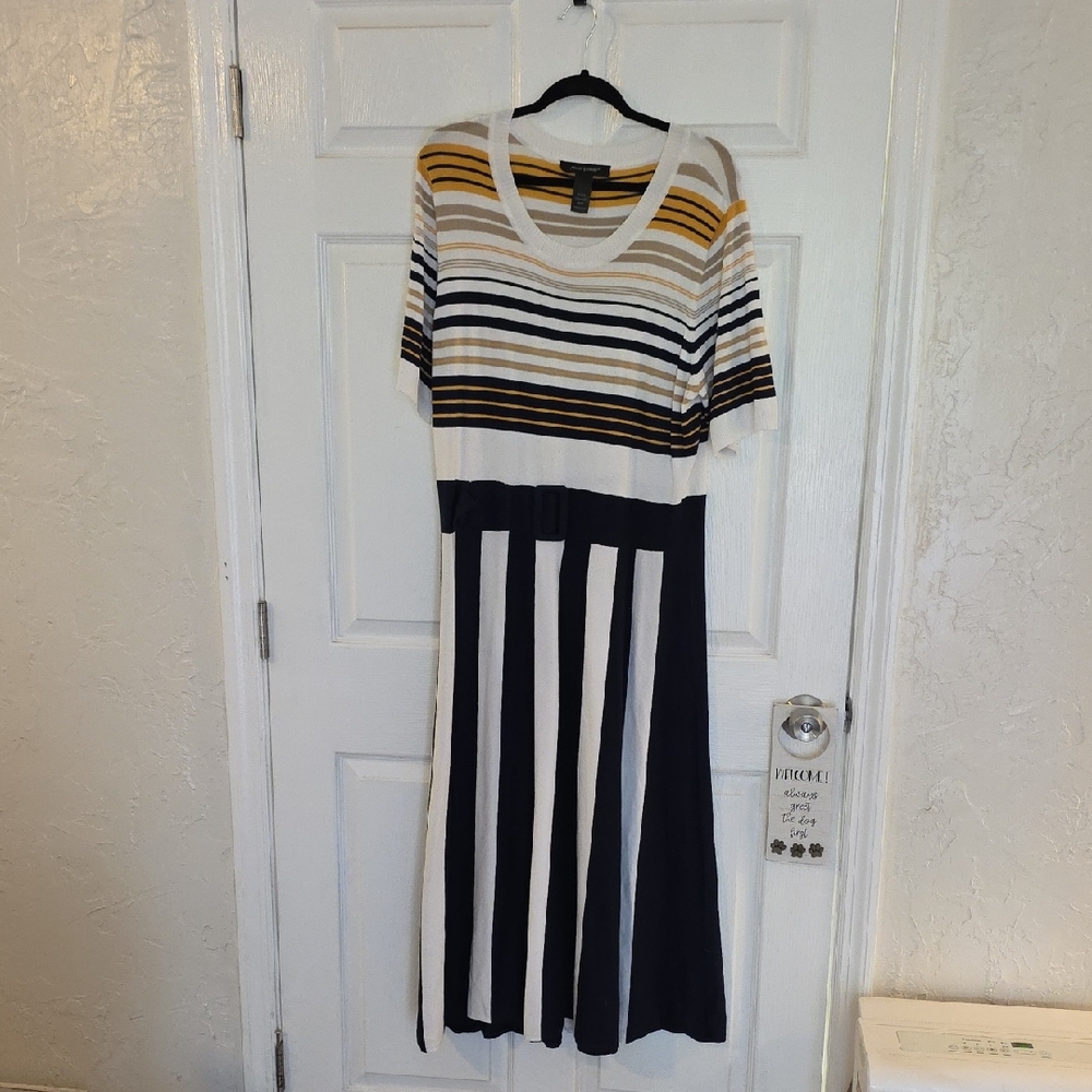 Ashley Stewart Striped Midi Dress in Black, White, and Gold